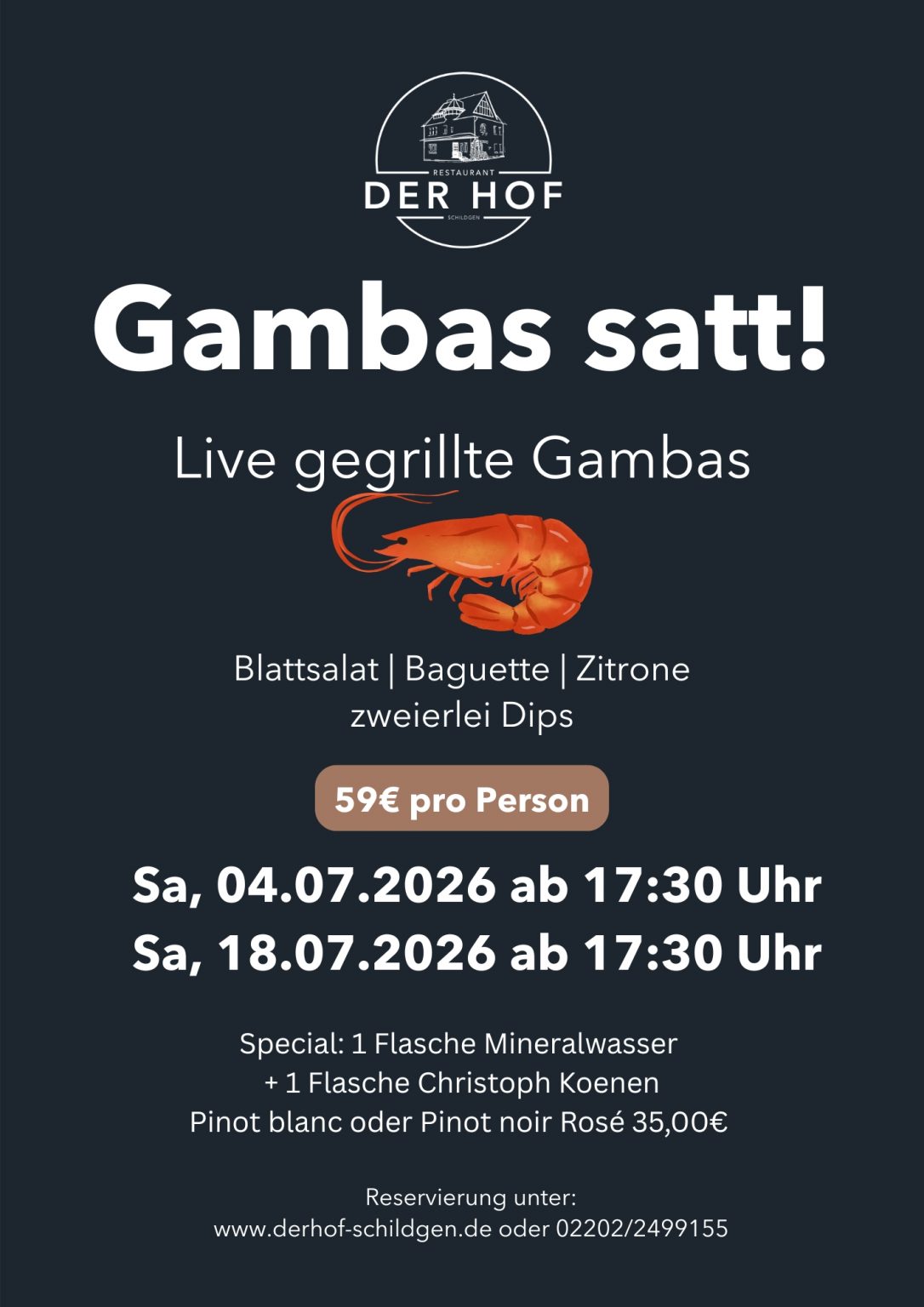 Flyer zum Event Gambas satt am 04. und 18. Juli 2026, jeweils ab 17:30 Uhr.
